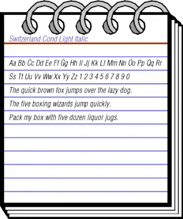 Switzerland Cond Light Italic animated font preview